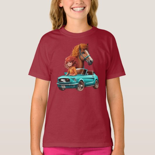 T-shirt Petite Fille Roussette Avec Mustang Voiture Pony H (Devant)
