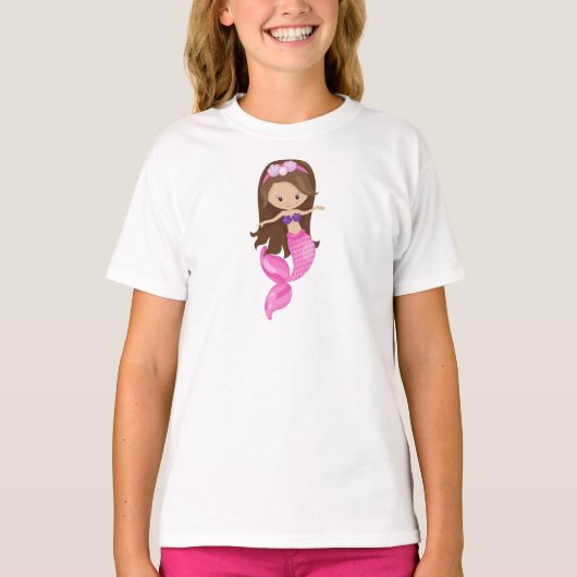 T-shirt Petite Sirène, Mignonne Sirène, Cheveux Brown, Coq (Devant)