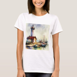 T-shirt Phare du Maine et bateaux Watercolor Art