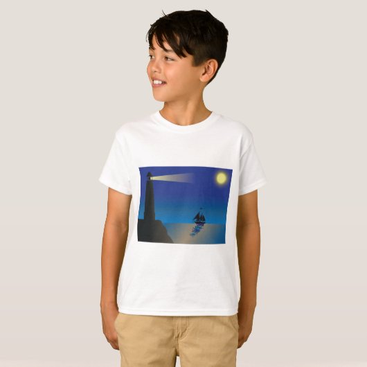 T-shirt Phare et voilier à Night Moonlit Ocean (Devant entier)