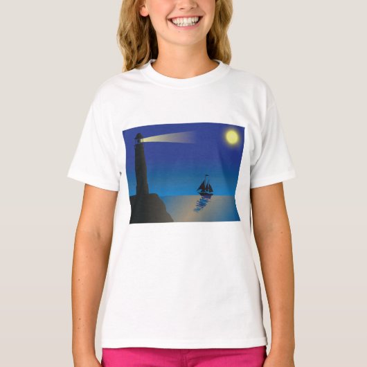 T-shirt Phare et voilier à Night Moonlit Ocean (Devant)