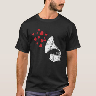 T-shirt Phonograph Heart Notes Valentines Day Cute Music L