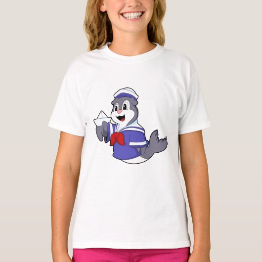 T-shirt Phoque en marin avec bateau (Devant)