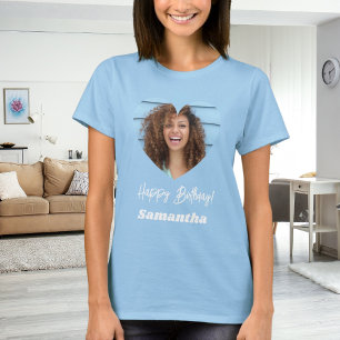 T-shirt Photo cœur nom anniversaire femme bleu