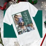 T-shirt Photo collage family moderne personnalisée Christm<br><div class="desc">Photo de collage family winter holiday shirt on green (changeable color) background with a trendy together handwriting script and white snowflakes overlay.                  </div>