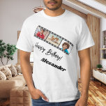 T-shirt Photo collage film name birthday guy<br><div class="desc">For a white/light colored t-shirt. Personalize and add a name and 3 photos inside the film roll frame. Black text.</div>