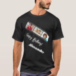 T-shirt Photo collage film name birthday guy black<br><div class="desc">For a black/dark colored t-shirt. Personalize and add a name and 3 photos inside the film roll frame. White text.</div>