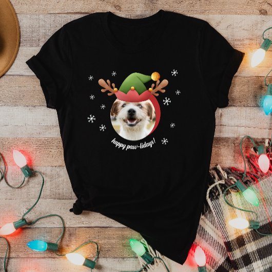 T-shirt Photo de chien avec Elf Reindeer Antler Casquette 