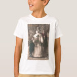 T-shirt Photo de Christmas Girls et Snowman Vintage<br><div class="desc">A charming antique 1910 French Christmas photo postcard of two pretty,  adorable little girls happily hugging and posing with their solive snowman friend,  as snow flow down upon them. Wishing a Joyeux Noel.</div>