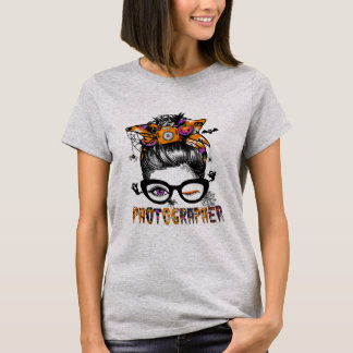 T-shirt Photographe d'Halloween Messy Bun Cool de cheveux