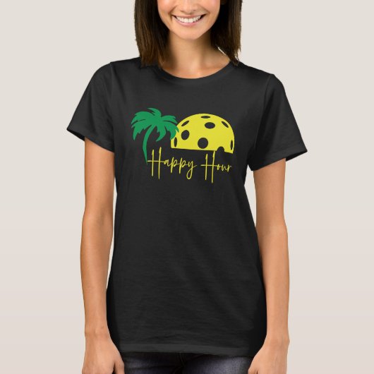 T-shirt Pickleball Lover HAPPY HOUR Funny Gros Sunset Palm (Devant)