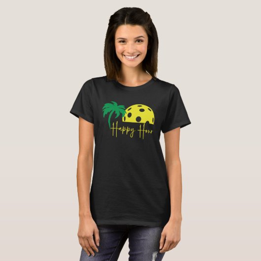 T-shirt Pickleball Lover HAPPY HOUR Funny Gros Sunset Palm (Devant entier)