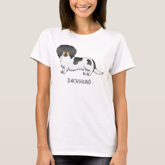 T-shirt Piebald Noir Et Tan Cheveux Long Dachshund Et Text (Devant)