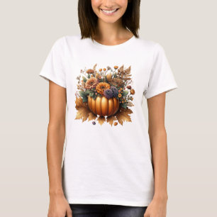 T-shirt Pièce Citrouille d'automne fleurie avec fleurs d'a