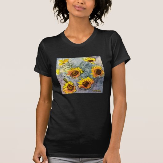 T-shirt Pièce en t noire de tournesols (Devant)