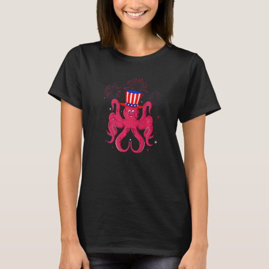 T-shirt Pieuvre Graphique Rouge Bleu Bleu Rouge Décor 4e (Devant)