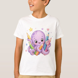 T-shirt Pieuvre mignonne tenant des crayons de couleur