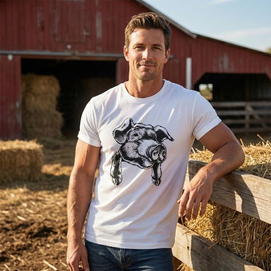 T-shirt Pig Head Farm Animal Drawing in Black White