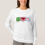 T-shirt Pigs de Paix Amoureux mignons<br><div class="desc">Symbole de paix,  coeur,  et un joli cochon avec une queue bouclée. Rose ! Ce mignon tee-shirt de porc est le cadeau parfait pour une fermière qui aime les piges roses.</div>