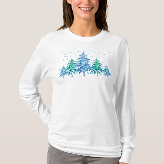 T-shirt Pine verte bleue Forêt d'hiver Noël (Devant)