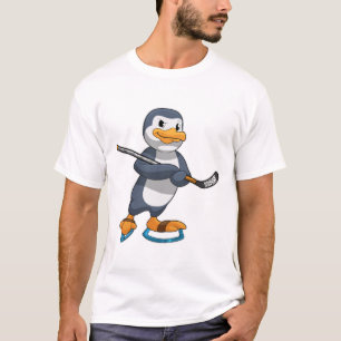 T-shirt Pingouin au hockey sur glace avec bâton de hockey 