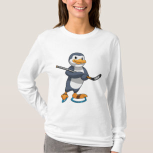 T-shirt Pingouin au hockey sur glace avec bâton de hockey 