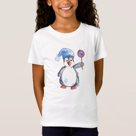 T-Shirt Pingouin blanc mignon avec Lollipop (Devant)