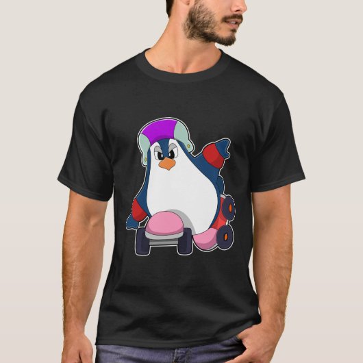 T-shirt Pingouin comme Patineur Inline avec Patins Inline (Devant)