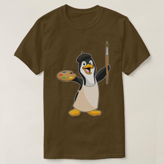 T-shirt Pingouin comme Peintre avec pinceau couleur (Design devant)