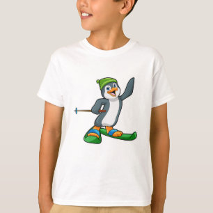 T-shirt Pingouin comme skieur avec ski et Casquette
