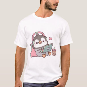 T-shirt Pingouin Cute Chilling Avec Ordinateur Portable Et