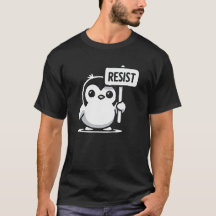 Pingouin de dessin animé portant le signe "RESIST"