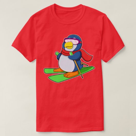 T-shirt Pingouin en ski avec lunettes de soleil à écharpe  (Design devant)