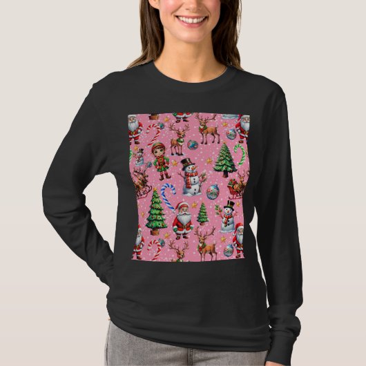 T-shirt Pink Background Christmas Decorative Pattern (Devant)