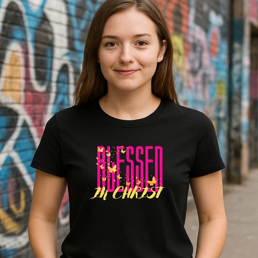T-shirt Pink Blessed In Christ - Butterflies