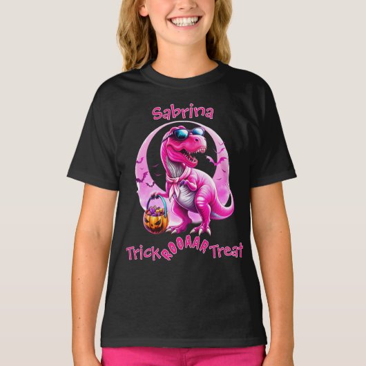 T-shirt Pink Dinosaur Tricot Ou Treat (Devant)