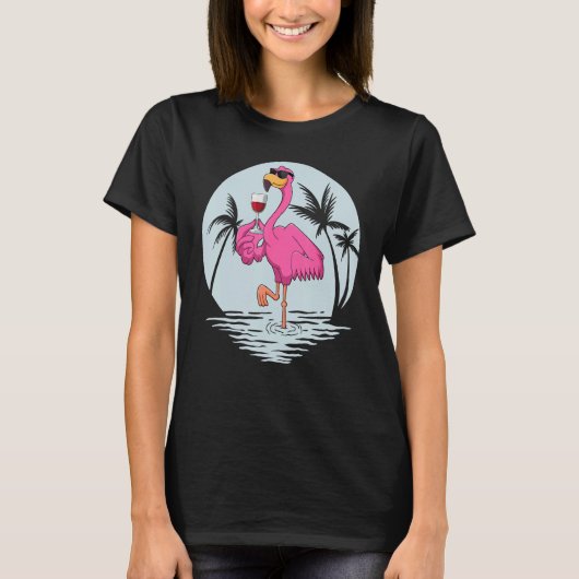 T-shirt Pink Flamingo Bird With Glass Of Wine Summer Vacat (Devant)