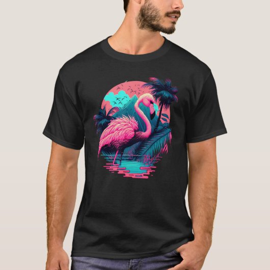 T-shirt Pink Flamingo Retro Synthwave Pineapple Tropical S (Devant)