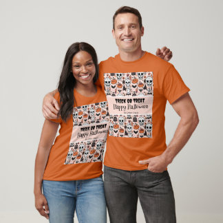 T-shirt Pink Halloween Tricoter ou traiter Nom de famille