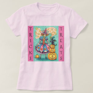 T-SHIRT PINK PARTY WITCH, MAGIC BLACK CHAT TRICK OU TRAITE