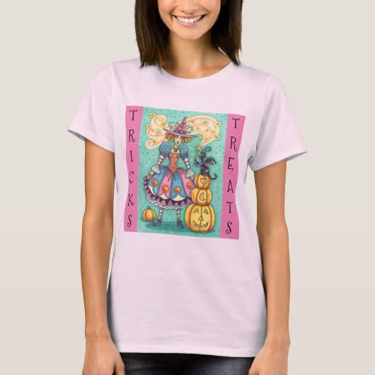 T-SHIRT PINK PARTY WITCH, MAGIC BLACK CHAT TRICK OU TRAITE (Devant)
