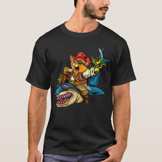 T-shirt Pirate Cat Riding Pirate Shark Halloween (Devant)