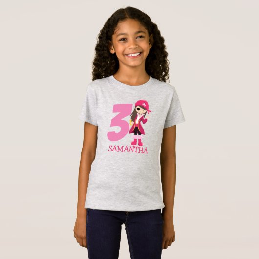 T-Shirt Pirate de fête d'anniversaire rose de la FILLE 3e  (Devant entier)