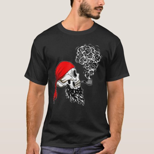 T-shirt Pirate Smoke Skull Beard Sea Sailor Crew Ship Tre (Devant)