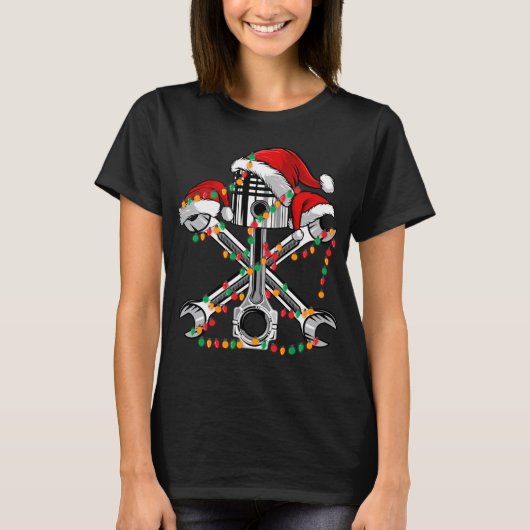 T-shirt Piston Wrench Santa Hat Feux de Noël Véhicule (Devant)
