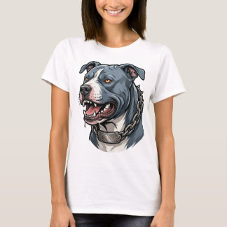 T-shirt Pit Bull Gris Bleu Féroce avec Collier à Chaîne à