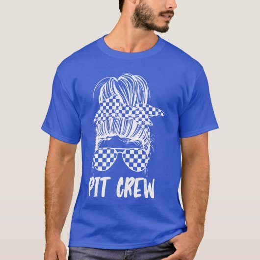 T-shirt Pit Crew Messy Bun Race Track Flag Racing Mothers (Devant)