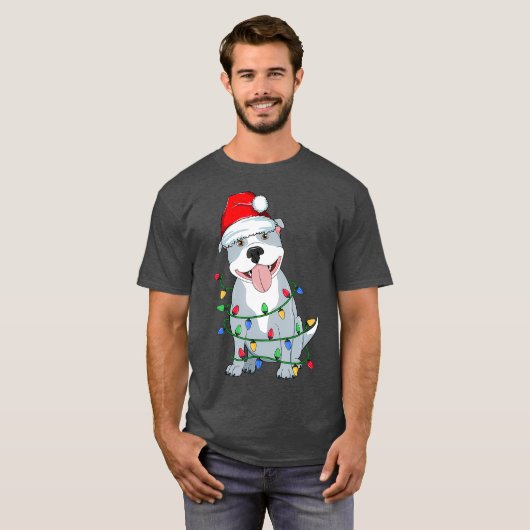 T-shirt Pitbull Arbre de Noël Lumière Père Noël Chien Noël (Devant entier)