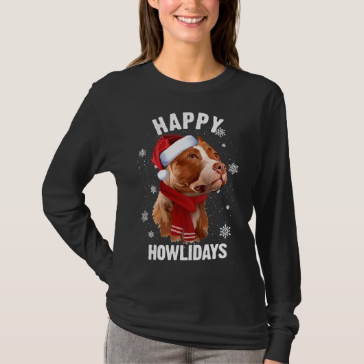 T-shirt Pitbull Brown regarde vers le Chien Noël Père Noël (Devant)