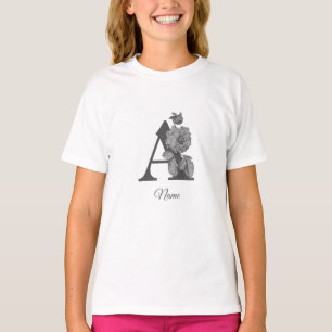 T-shirt Pivoine argentée Élégant monogramme initial A Nom